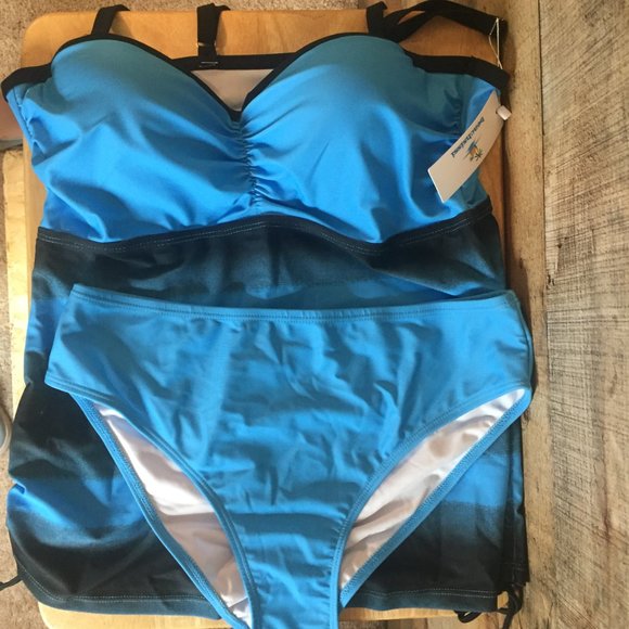 Beach Sissi Tankini Size L Blue/Black Ombre Stripe Top Solid Blue Bikini Bottom - Picture 6 of 10
